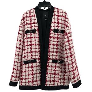 River Island Red White Bouclé Open Front Cardigan Jacket Size 2 Oversized